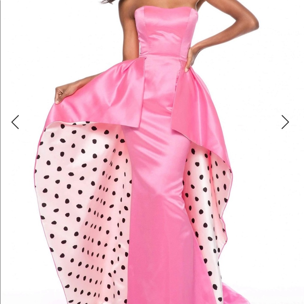 Sherri Hill 52054 Hot Pink Strapless Dress with Polka Dot Overskirt